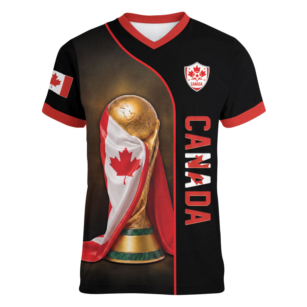 Personalized Canada Football 2026 Women V-Neck T-Shirt Trophy Flag Pride Art