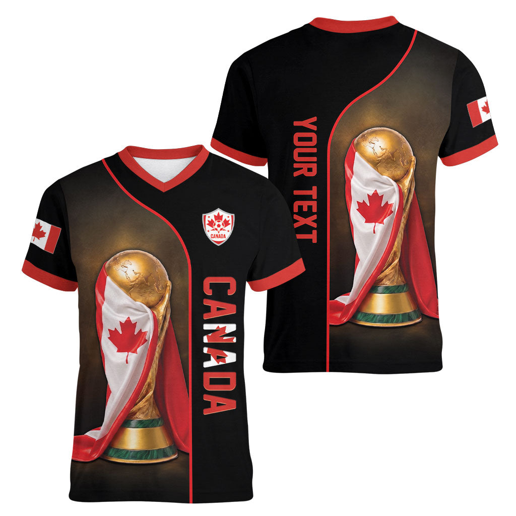 Personalized Canada Football 2026 Women V-Neck T-Shirt Trophy Flag Pride Art