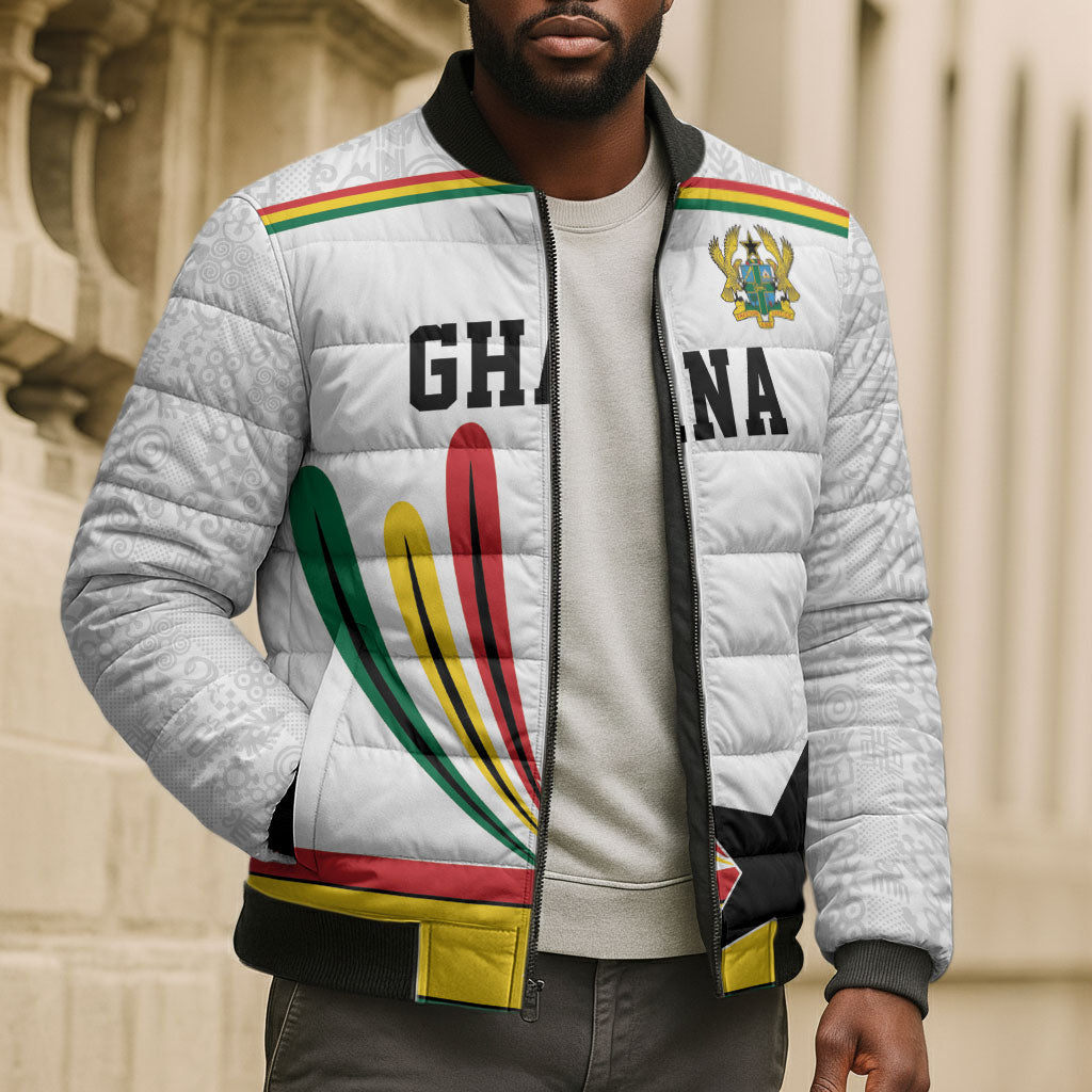 Custom World Football 2026 Ghana Bomber Puffer Jacket Black Star Adinkra Heritage White Version