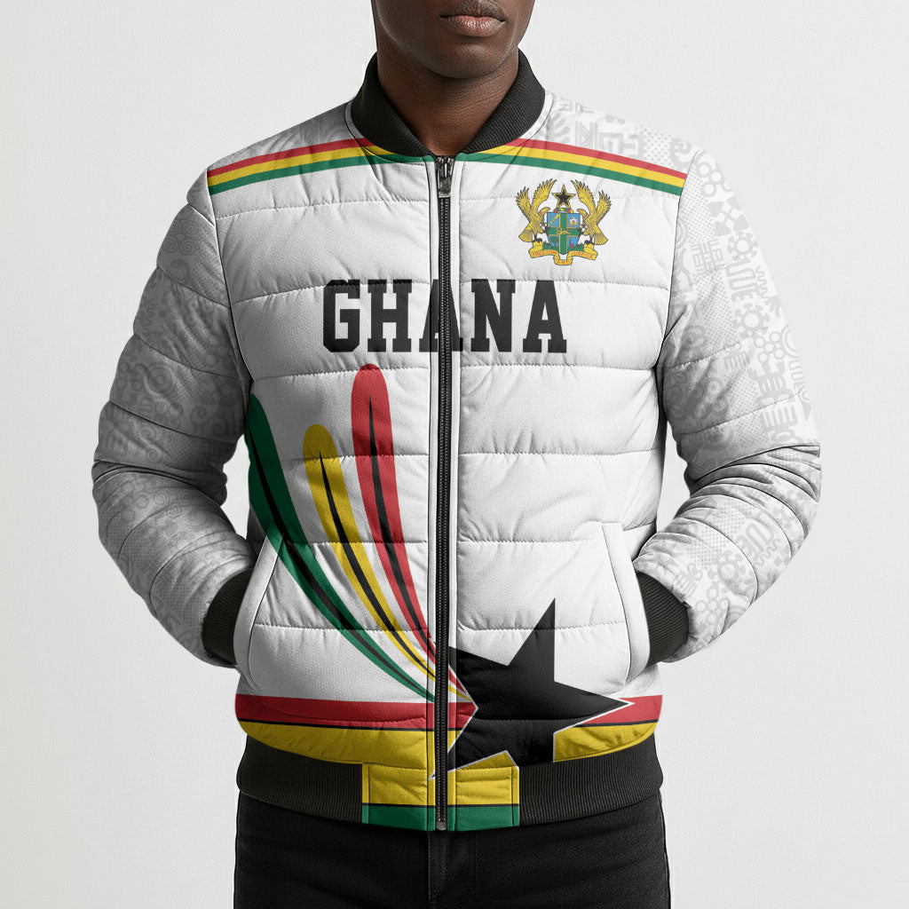 Custom World Football 2026 Ghana Bomber Puffer Jacket Black Star Adinkra Heritage White Version