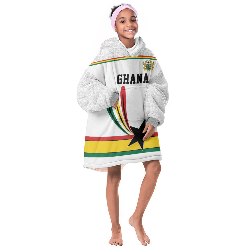 Custom World Football 2026 Ghana Kid Wearable Blanket Hoodie Black Star Adinkra Heritage White Version