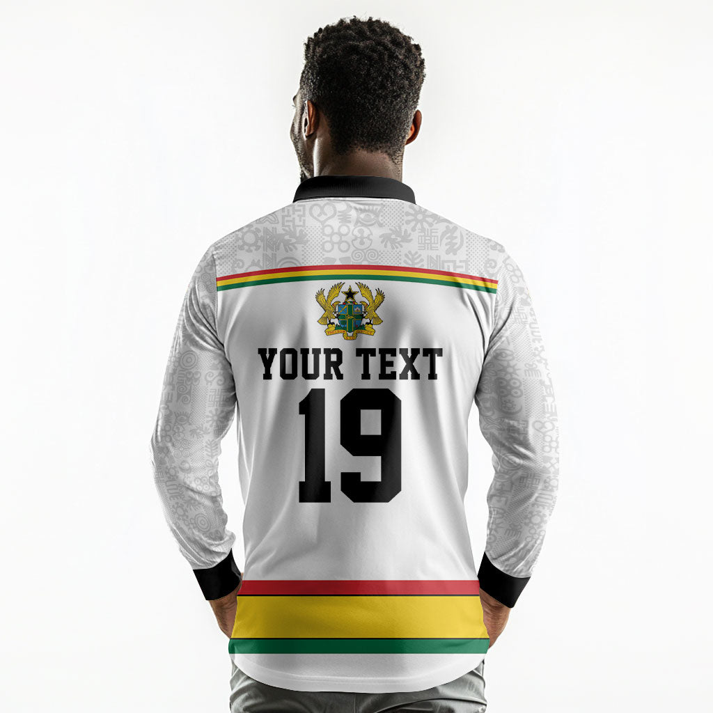 Custom World Football 2026 Ghana Long Sleeve Polo Shirt Black Star Adinkra Heritage White Version