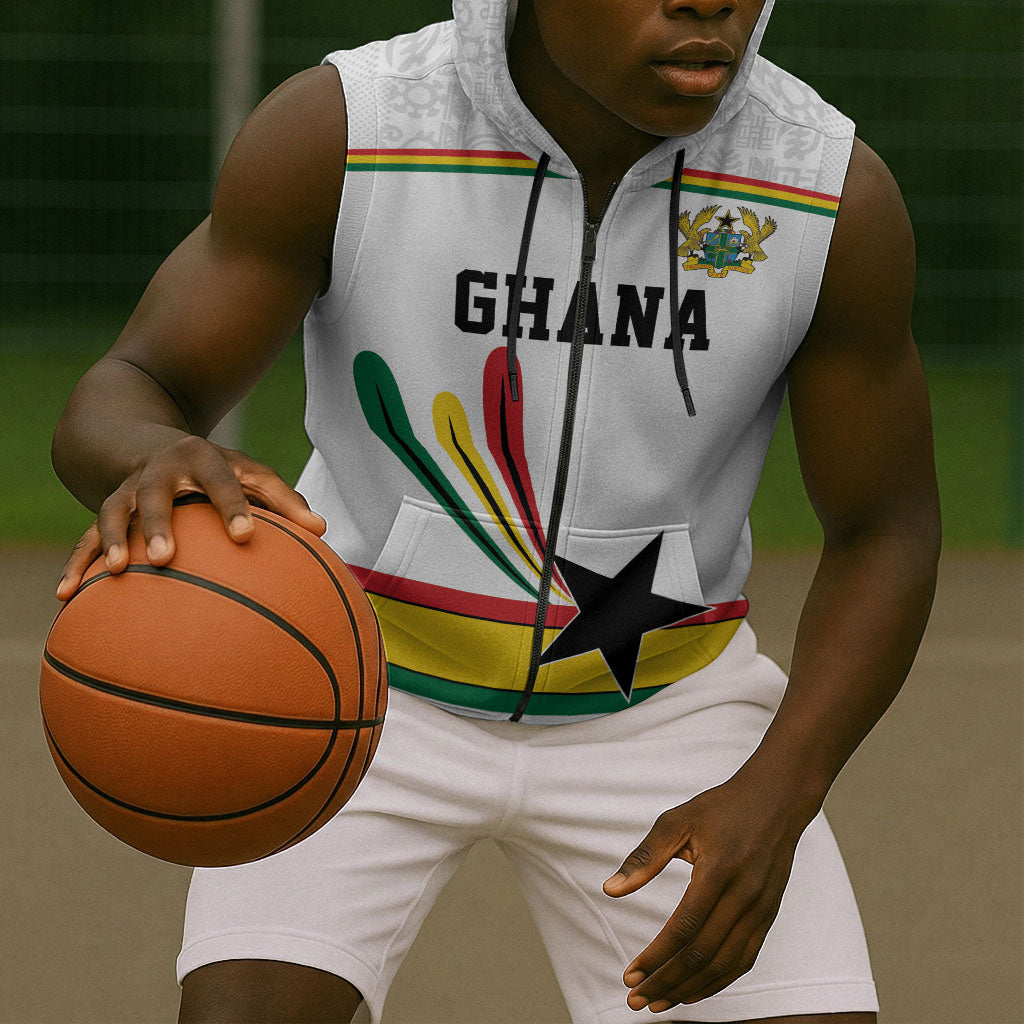 Custom World Football 2026 Ghana Sleeveless Zip Hoodie Black Star Adinkra Heritage White Version