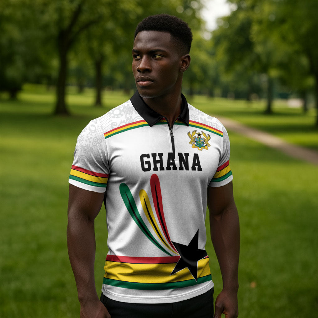 Custom World Football 2026 Ghana Zipper Polo Shirt Black Star Adinkra Heritage White Version