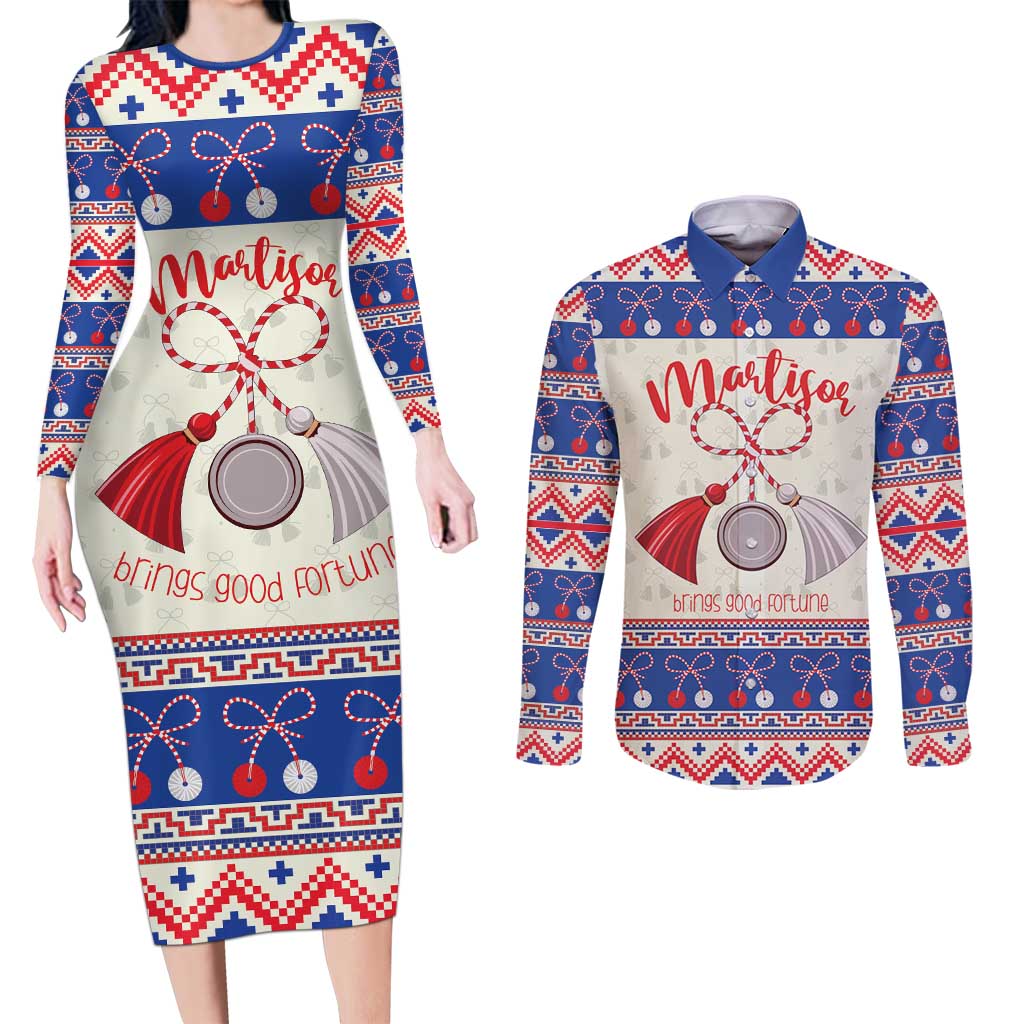 Personalized Moldova Christmas Couples Matching Long Sleeve Bodycon Dress and Long Sleeve Button Shirt Martisor Moldova Traditional - Wonder Print Shop
