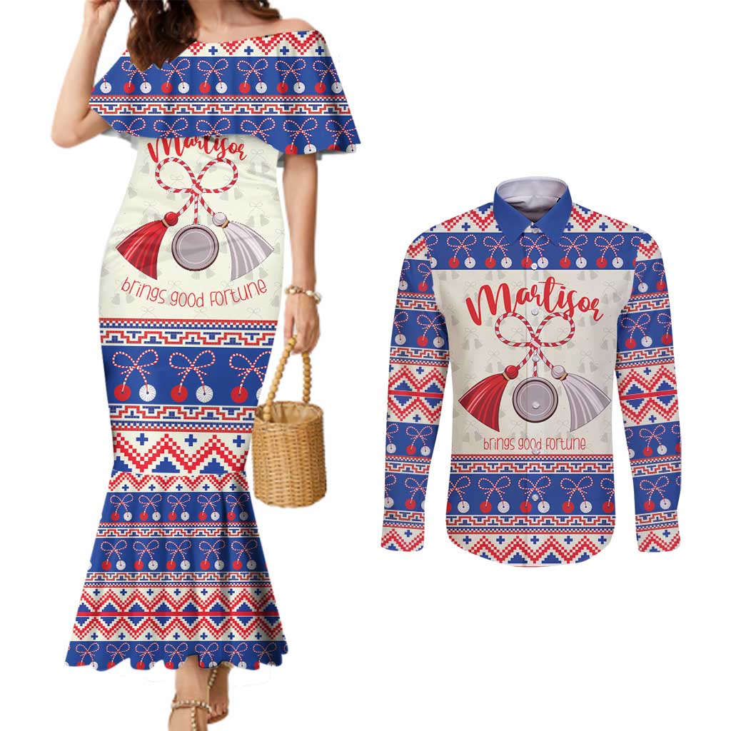 Personalized Moldova Christmas Couples Matching Mermaid Dress and Long Sleeve Button Shirt Martisor Moldova Traditional - Wonder Print Shop