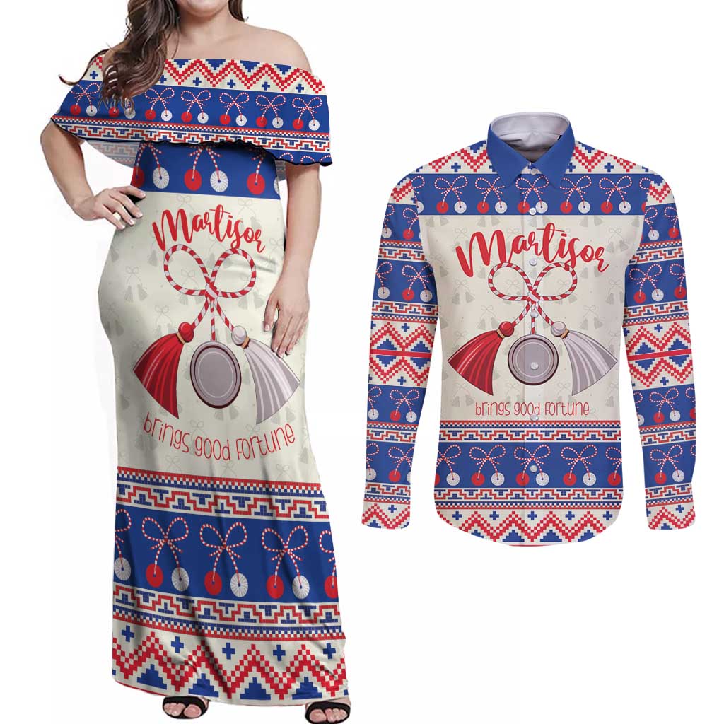 Personalized Moldova Christmas Couples Matching Off Shoulder Maxi Dress and Long Sleeve Button Shirt Martisor Moldova Traditional - Wonder Print Shop