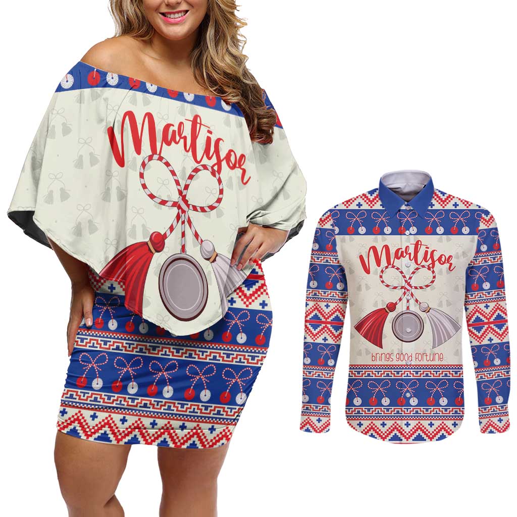 Personalized Moldova Christmas Couples Matching Off Shoulder Short Dress and Long Sleeve Button Shirt Martisor Moldova Traditional - Wonder Print Shop