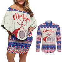 Personalized Moldova Christmas Couples Matching Off Shoulder Short Dress and Long Sleeve Button Shirt Martisor Moldova Traditional - Wonder Print Shop