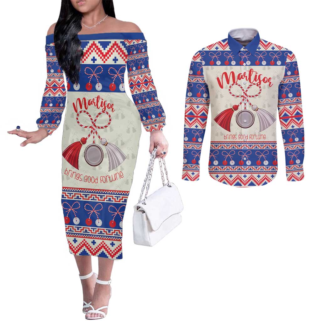 Personalized Moldova Christmas Couples Matching Off The Shoulder Long Sleeve Dress and Long Sleeve Button Shirt Martisor Moldova Traditional - Wonder Print Shop