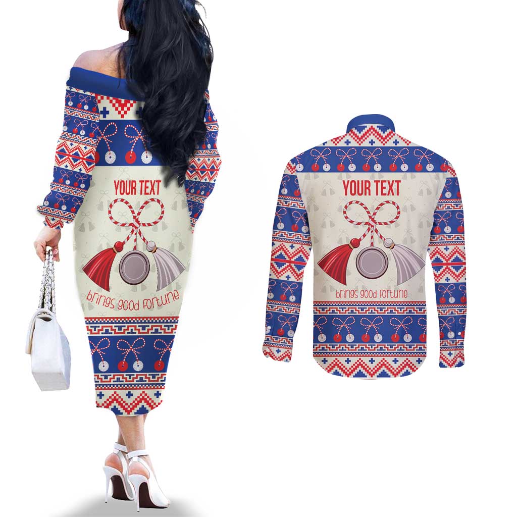 Personalized Moldova Christmas Couples Matching Off The Shoulder Long Sleeve Dress and Long Sleeve Button Shirt Martisor Moldova Traditional - Wonder Print Shop