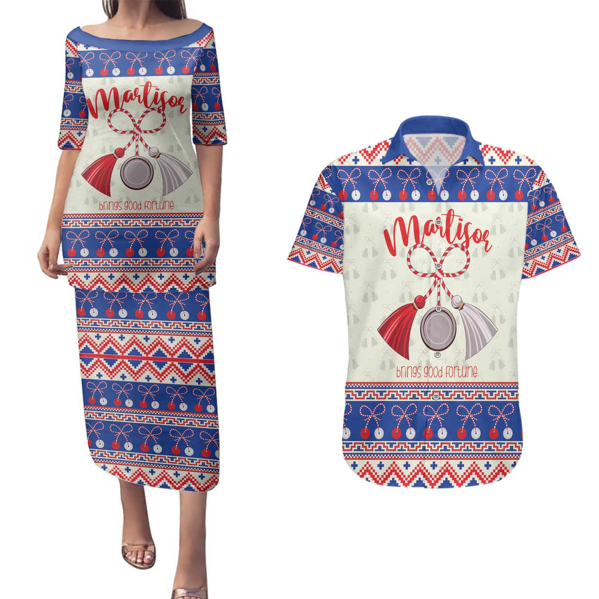 Personalized Moldova Christmas Couples Matching Puletasi and Hawaiian Shirt Martisor Moldova Traditional - Wonder Print Shop
