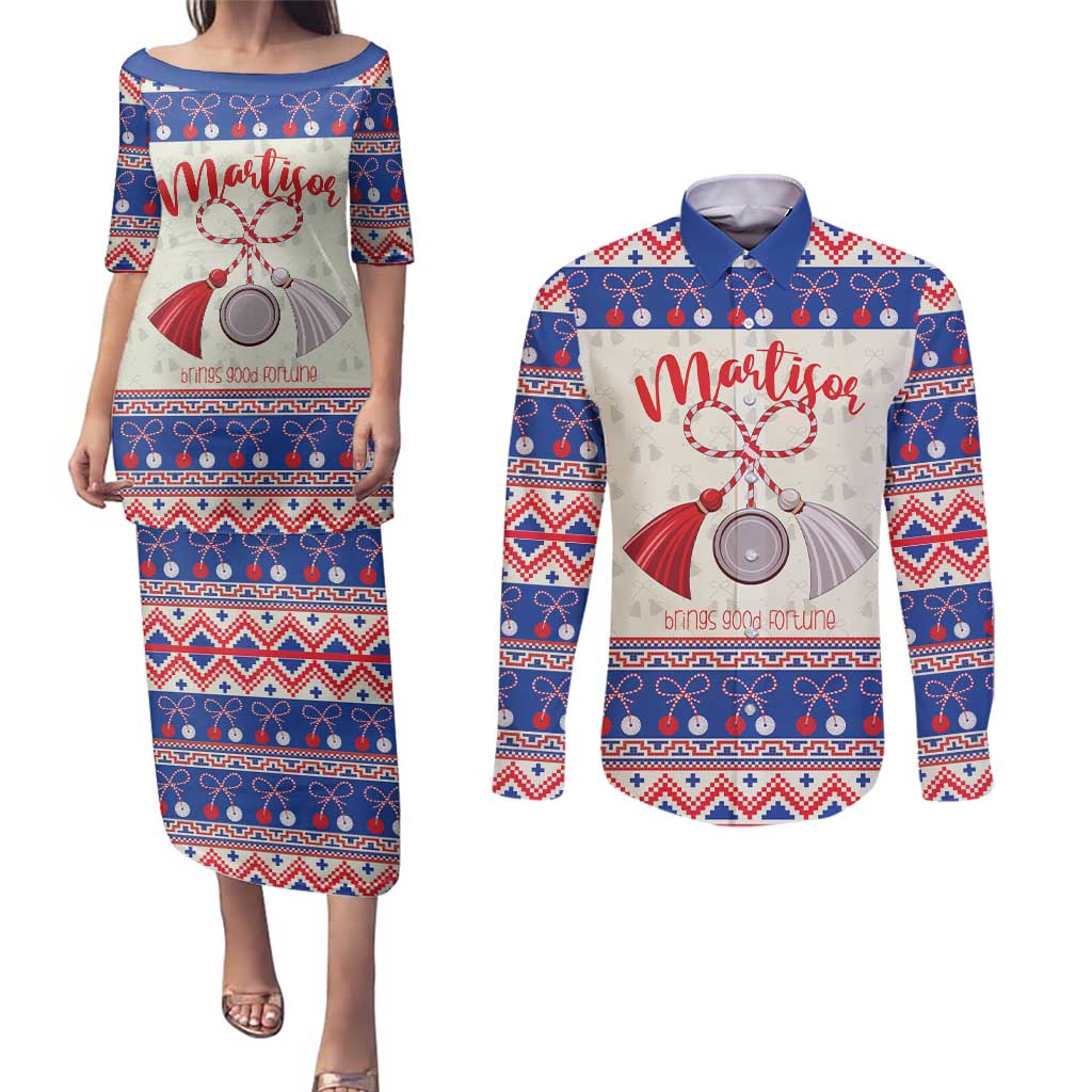 Personalized Moldova Christmas Couples Matching Puletasi and Long Sleeve Button Shirt Martisor Moldova Traditional - Wonder Print Shop