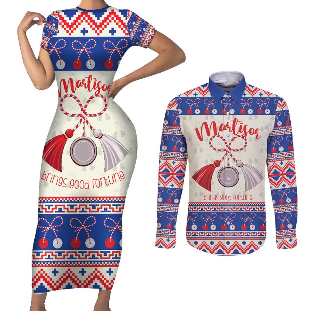 Personalized Moldova Christmas Couples Matching Short Sleeve Bodycon Dress and Long Sleeve Button Shirt Martisor Moldova Traditional - Wonder Print Shop
