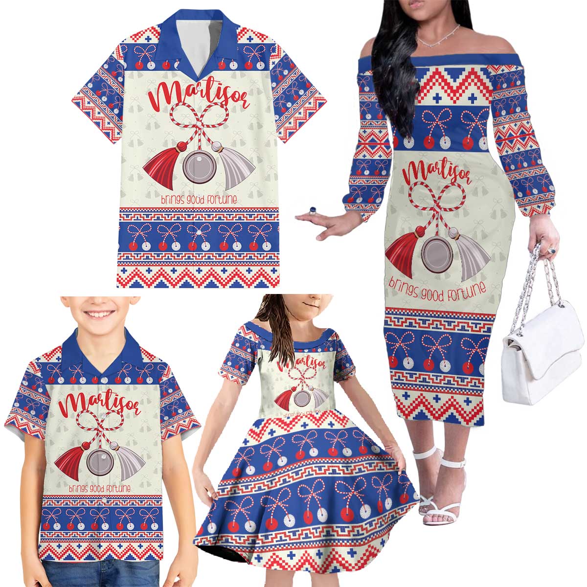Personalized Moldova Christmas Family Matching Off The Shoulder Long Sleeve Dress and Hawaiian Shirt Martisor Moldova Traditional - Wonder Print Shop