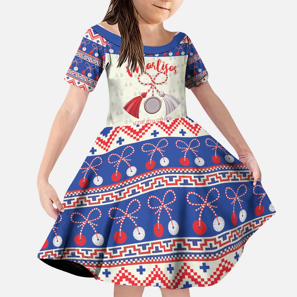 Personalized Moldova Christmas Kid Short Sleeve Dress Martisor Moldova Traditional - Wonder Print Shop