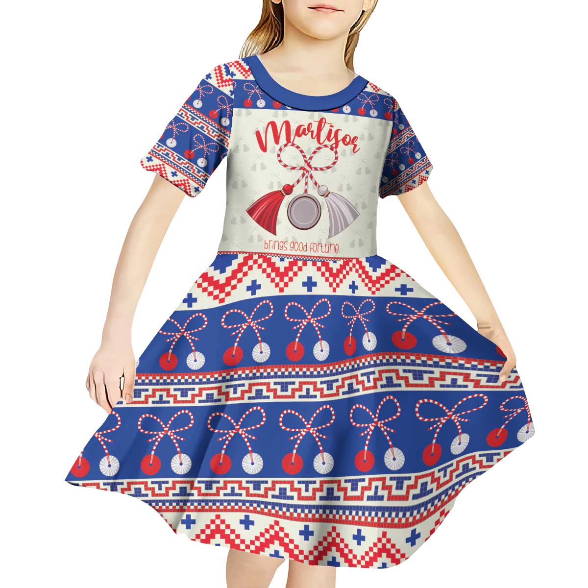 Personalized Moldova Christmas Kid Short Sleeve Dress Martisor Moldova Traditional - Wonder Print Shop