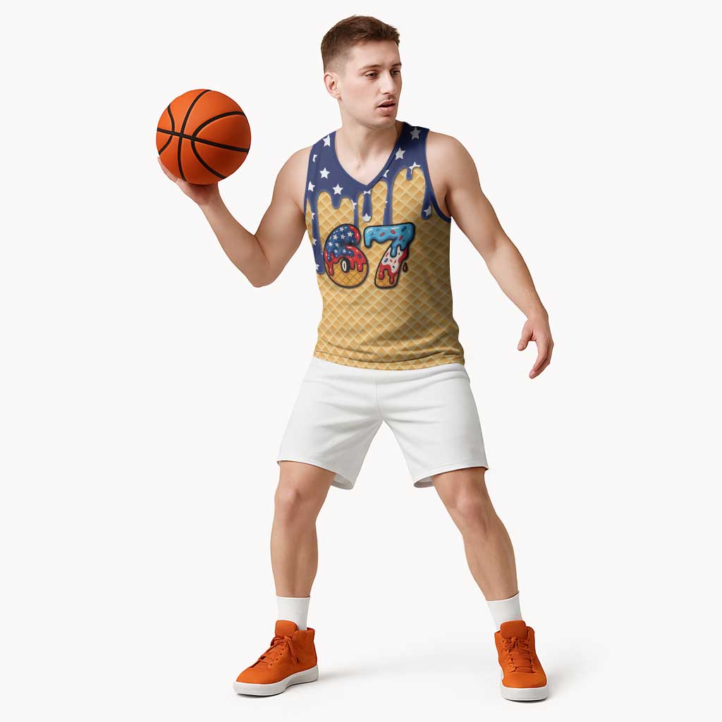 American Flag Ice Cream Drip Basketball Jersey 67 Meme Gen Alpha Slang Tee - Wonder Print Shop