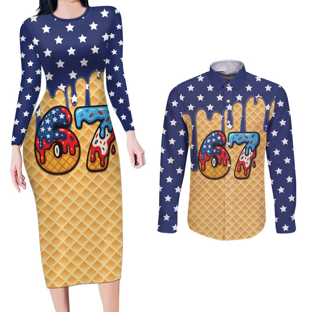 American Flag Ice Cream Drip Couples Matching Long Sleeve Bodycon Dress and Long Sleeve Button Shirt 67 Meme Gen Alpha Slang Tee - Wonder Print Shop