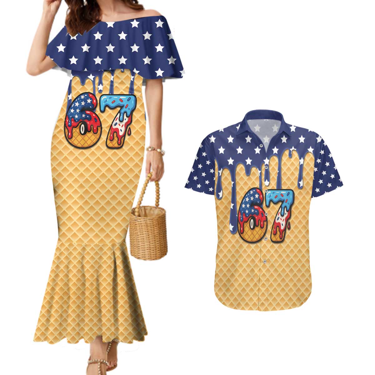 American Flag Ice Cream Drip Couples Matching Mermaid Dress and Hawaiian Shirt 67 Meme Gen Alpha Slang Tee - Wonder Print Shop