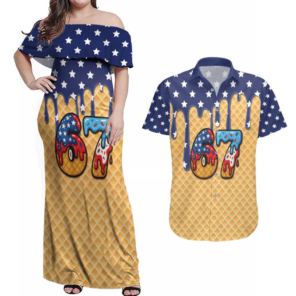 American Flag Ice Cream Drip Couples Matching Off Shoulder Maxi Dress and Hawaiian Shirt 67 Meme Gen Alpha Slang Tee - Wonder Print Shop