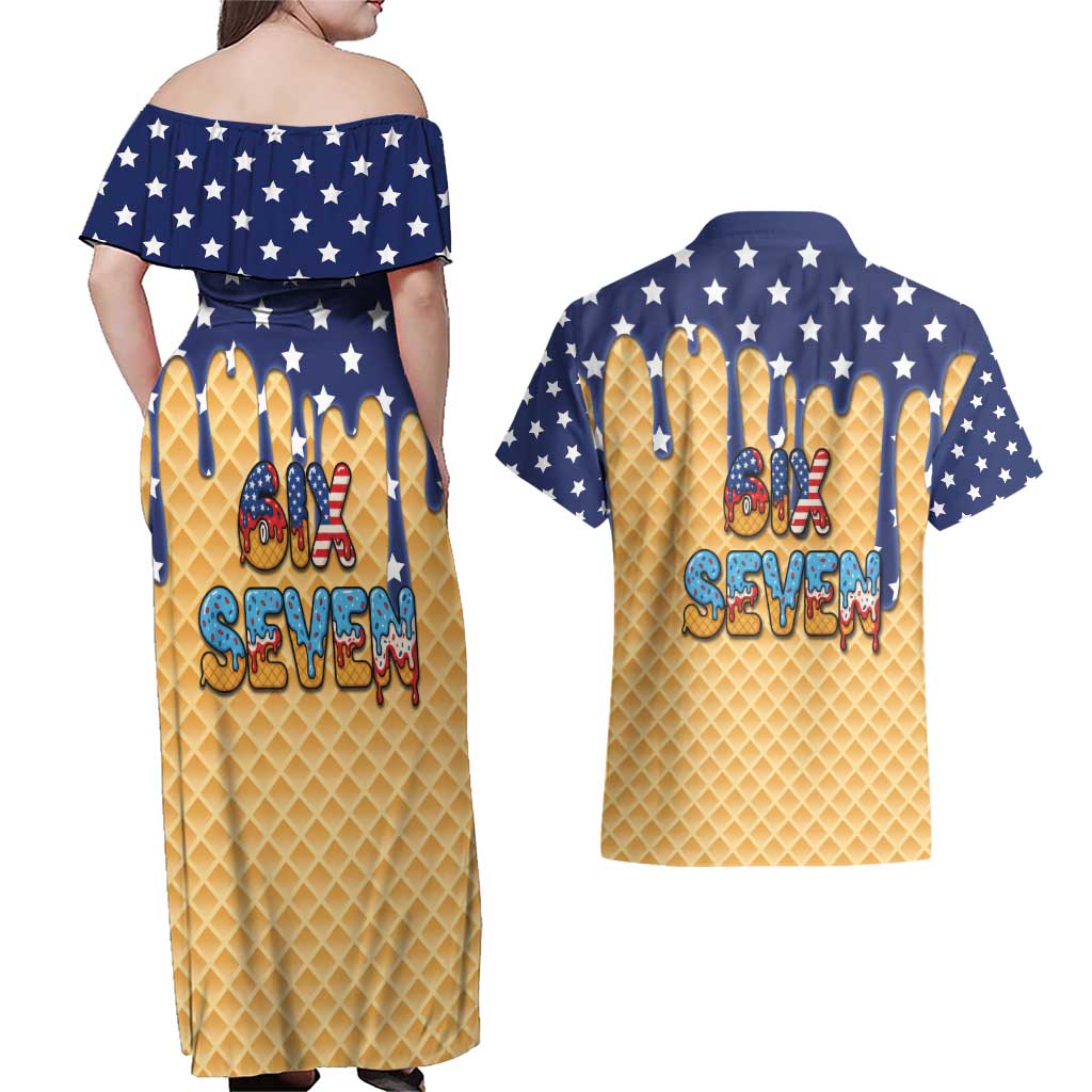 American Flag Ice Cream Drip Couples Matching Off Shoulder Maxi Dress and Hawaiian Shirt 67 Meme Gen Alpha Slang Tee - Wonder Print Shop