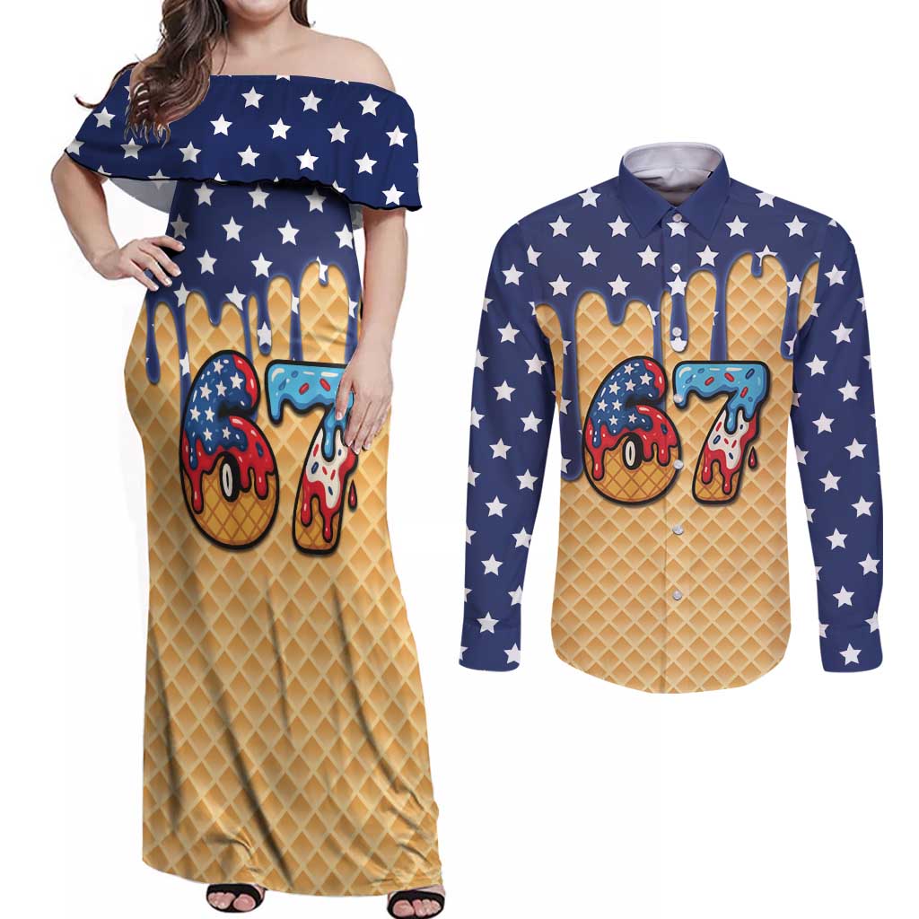 American Flag Ice Cream Drip Couples Matching Off Shoulder Maxi Dress and Long Sleeve Button Shirt 67 Meme Gen Alpha Slang Tee - Wonder Print Shop