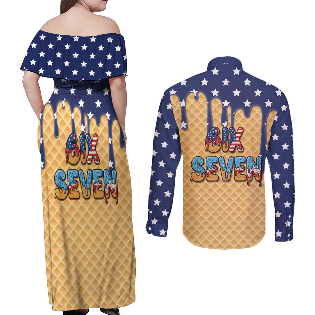 American Flag Ice Cream Drip Couples Matching Off Shoulder Maxi Dress and Long Sleeve Button Shirt 67 Meme Gen Alpha Slang Tee - Wonder Print Shop
