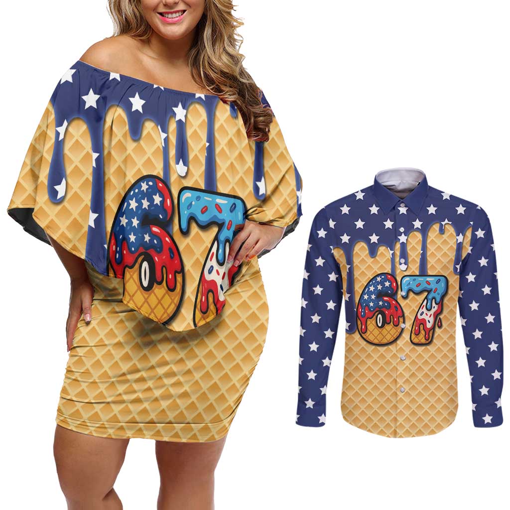 American Flag Ice Cream Drip Couples Matching Off Shoulder Short Dress and Long Sleeve Button Shirt 67 Meme Gen Alpha Slang Tee - Wonder Print Shop