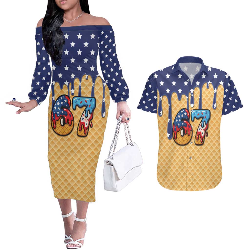 American Flag Ice Cream Drip Couples Matching Off The Shoulder Long Sleeve Dress and Hawaiian Shirt 67 Meme Gen Alpha Slang Tee - Wonder Print Shop