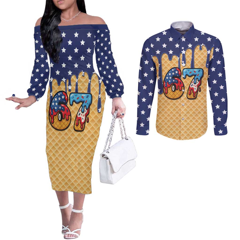 American Flag Ice Cream Drip Couples Matching Off The Shoulder Long Sleeve Dress and Long Sleeve Button Shirt 67 Meme Gen Alpha Slang Tee - Wonder Print Shop