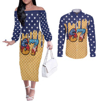 American Flag Ice Cream Drip Couples Matching Off The Shoulder Long Sleeve Dress and Long Sleeve Button Shirt 67 Meme Gen Alpha Slang Tee - Wonder Print Shop