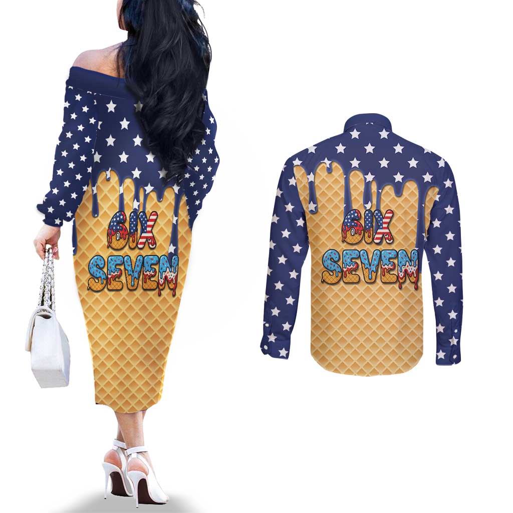 American Flag Ice Cream Drip Couples Matching Off The Shoulder Long Sleeve Dress and Long Sleeve Button Shirt 67 Meme Gen Alpha Slang Tee - Wonder Print Shop