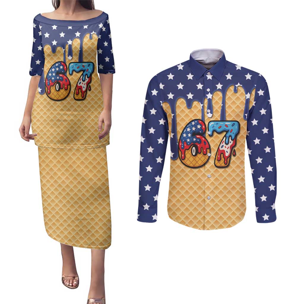 American Flag Ice Cream Drip Couples Matching Puletasi and Long Sleeve Button Shirt 67 Meme Gen Alpha Slang Tee - Wonder Print Shop