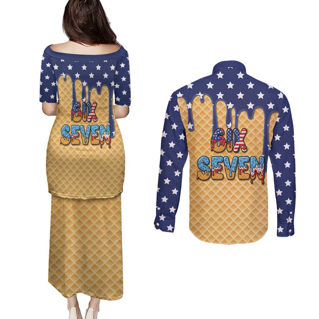 American Flag Ice Cream Drip Couples Matching Puletasi and Long Sleeve Button Shirt 67 Meme Gen Alpha Slang Tee - Wonder Print Shop