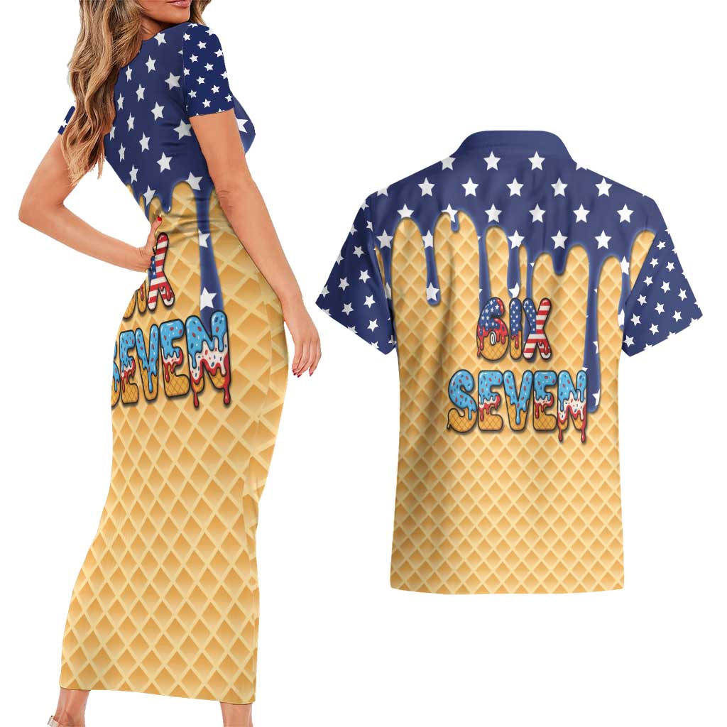American Flag Ice Cream Drip Couples Matching Short Sleeve Bodycon Dress and Hawaiian Shirt 67 Meme Gen Alpha Slang Tee - Wonder Print Shop