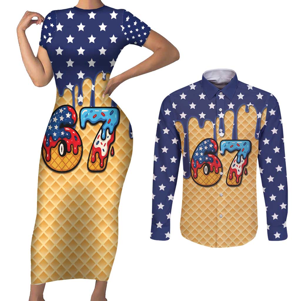 American Flag Ice Cream Drip Couples Matching Short Sleeve Bodycon Dress and Long Sleeve Button Shirt 67 Meme Gen Alpha Slang Tee - Wonder Print Shop