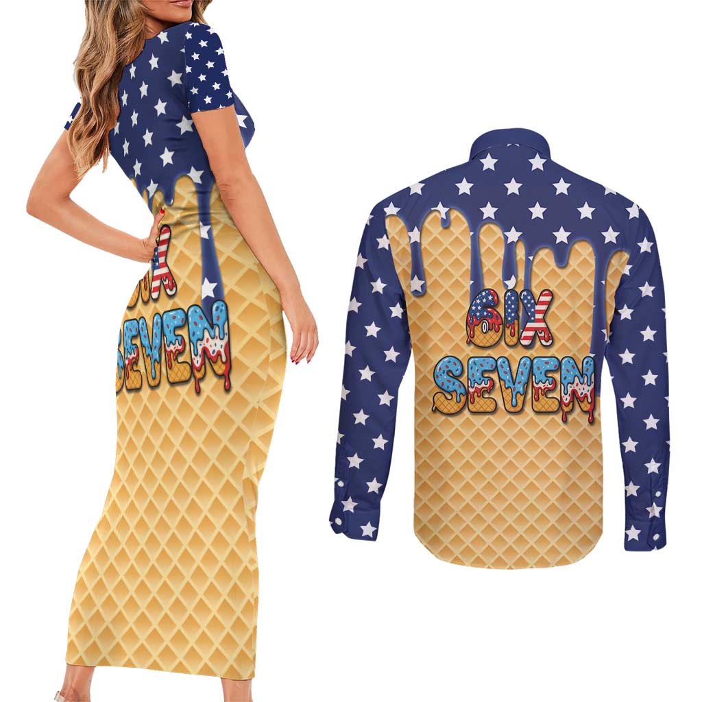 American Flag Ice Cream Drip Couples Matching Short Sleeve Bodycon Dress and Long Sleeve Button Shirt 67 Meme Gen Alpha Slang Tee - Wonder Print Shop