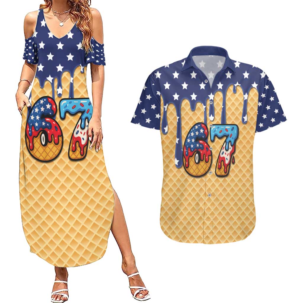 American Flag Ice Cream Drip Couples Matching Summer Maxi Dress and Hawaiian Shirt 67 Meme Gen Alpha Slang Tee - Wonder Print Shop