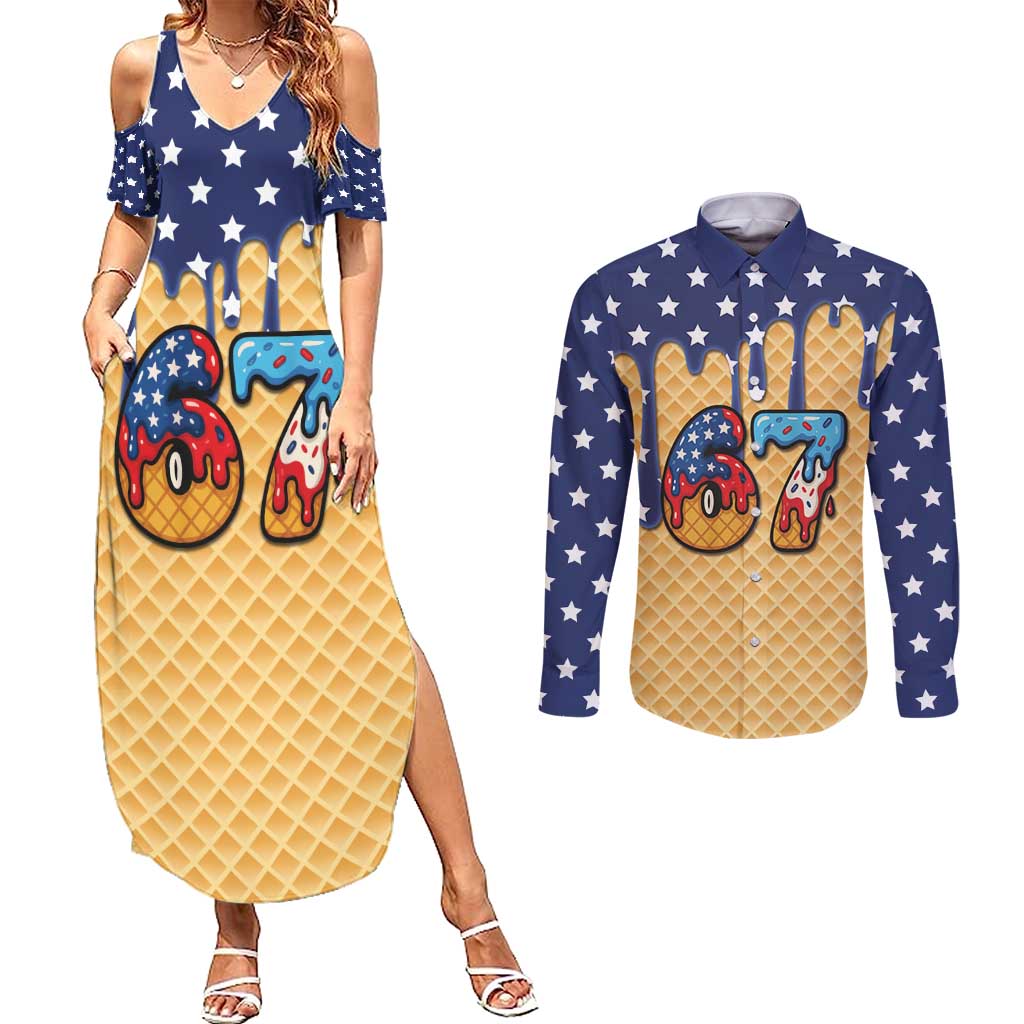 American Flag Ice Cream Drip Couples Matching Summer Maxi Dress and Long Sleeve Button Shirt 67 Meme Gen Alpha Slang Tee - Wonder Print Shop