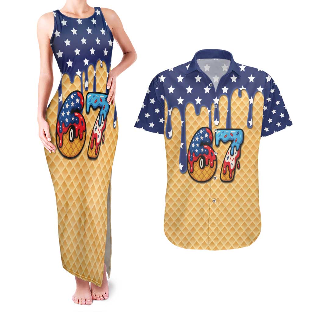 American Flag Ice Cream Drip Couples Matching Tank Maxi Dress and Hawaiian Shirt 67 Meme Gen Alpha Slang Tee - Wonder Print Shop