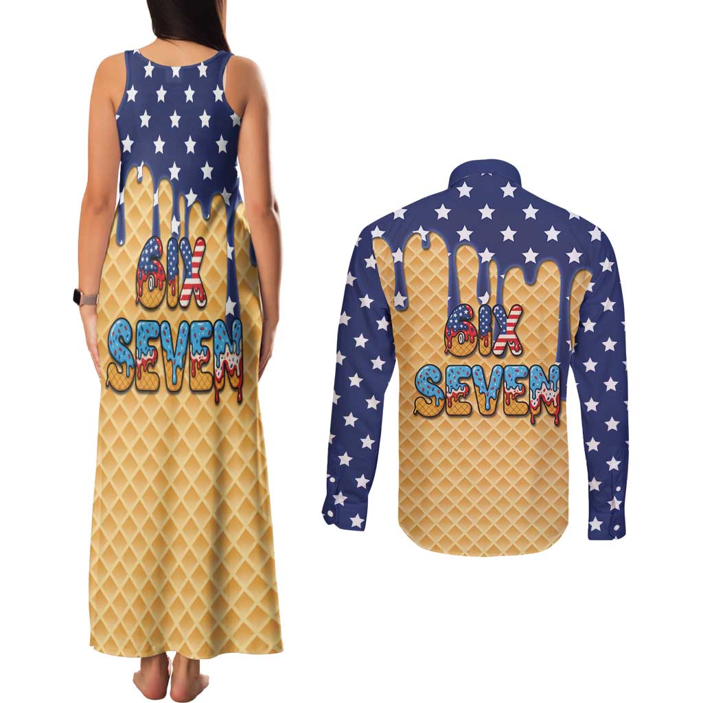 American Flag Ice Cream Drip Couples Matching Tank Maxi Dress and Long Sleeve Button Shirt 67 Meme Gen Alpha Slang Tee - Wonder Print Shop