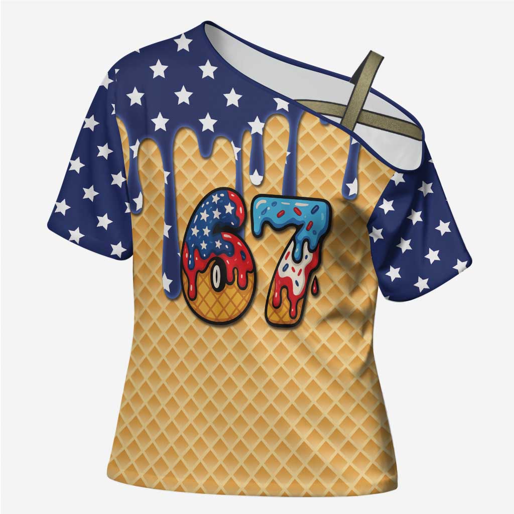 American Flag Ice Cream Drip Cross Shoulder Shirt 67 Meme Gen Alpha Slang Tee - Wonder Print Shop