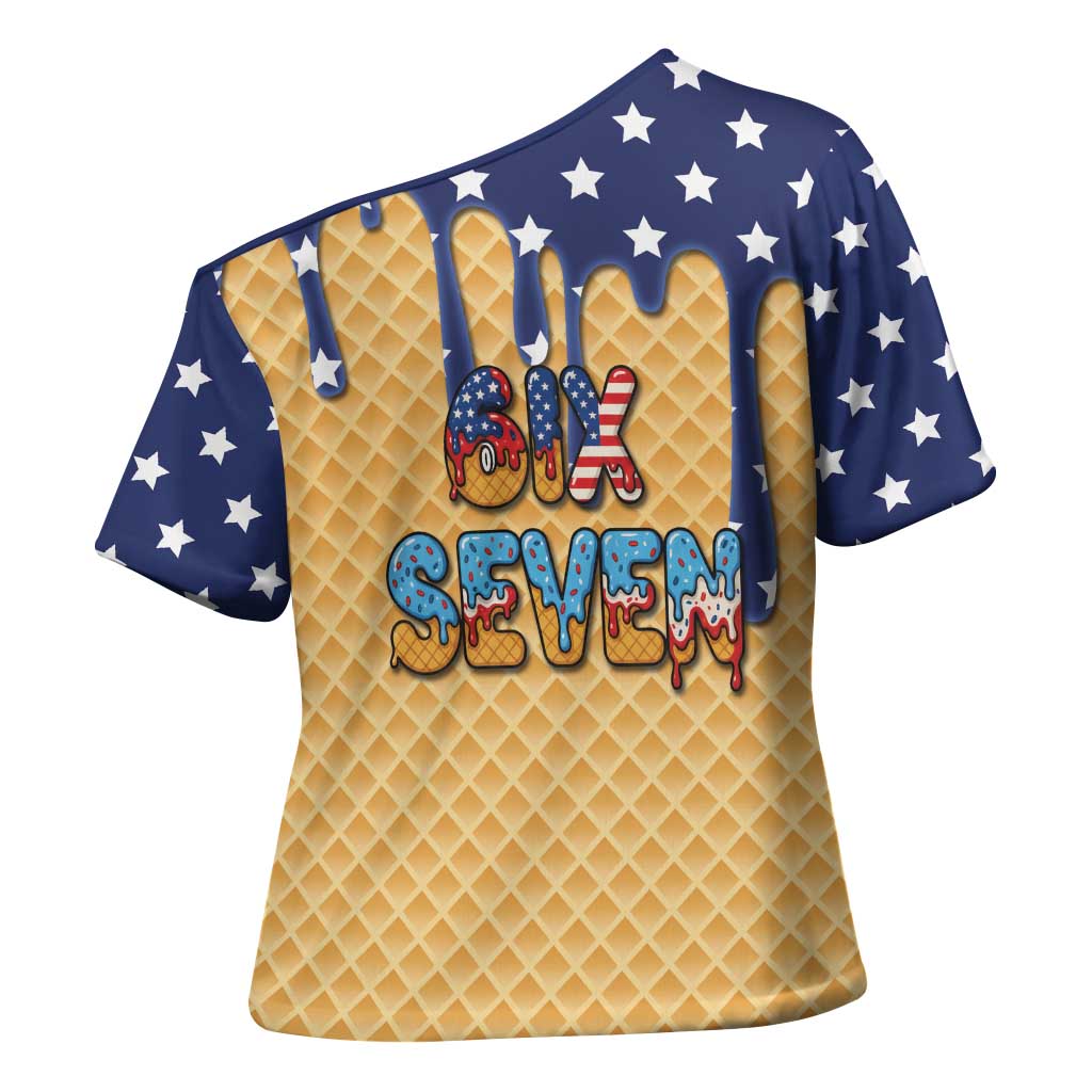 American Flag Ice Cream Drip Cross Shoulder Shirt 67 Meme Gen Alpha Slang Tee - Wonder Print Shop
