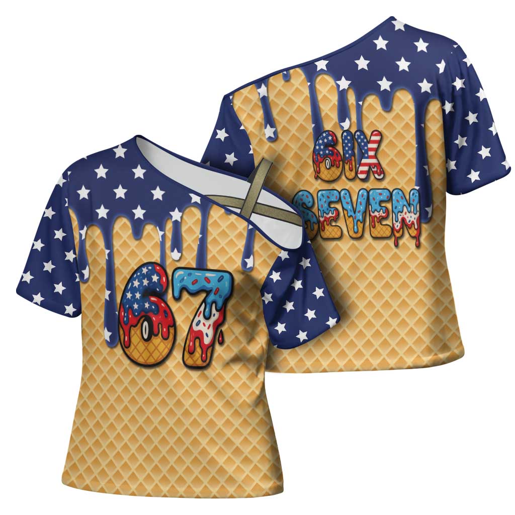 American Flag Ice Cream Drip Cross Shoulder Shirt 67 Meme Gen Alpha Slang Tee - Wonder Print Shop