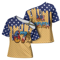 American Flag Ice Cream Drip Cross Shoulder Shirt 67 Meme Gen Alpha Slang Tee - Wonder Print Shop