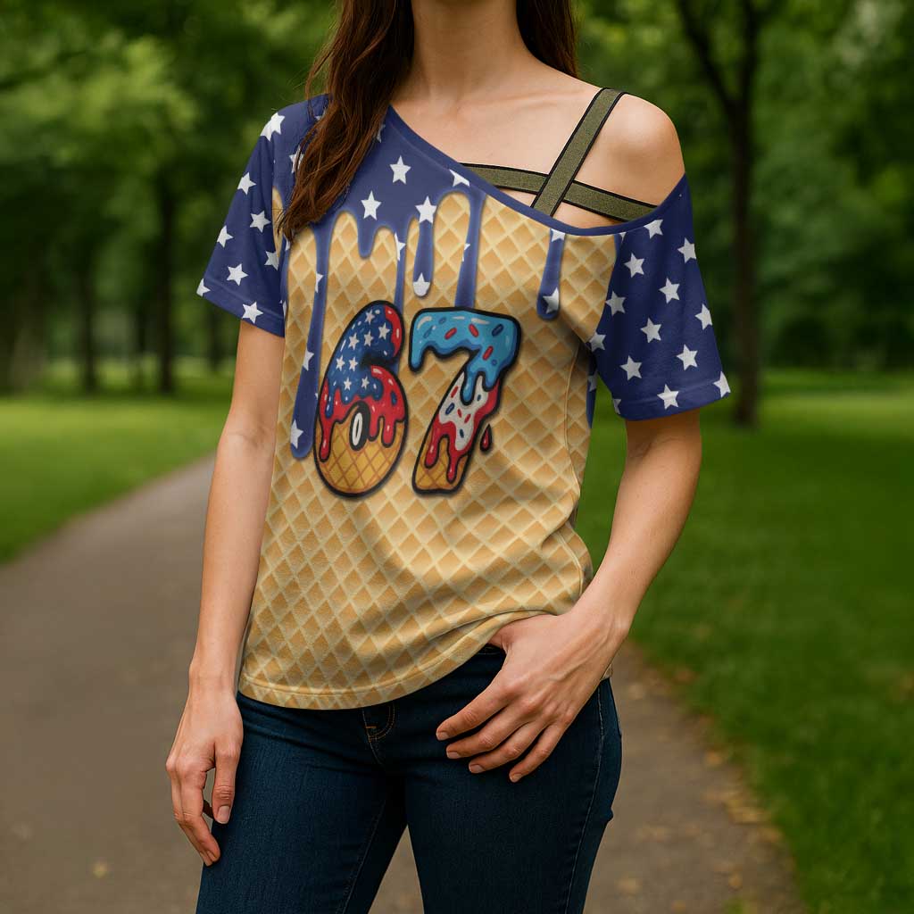 American Flag Ice Cream Drip Cross Shoulder Shirt 67 Meme Gen Alpha Slang Tee - Wonder Print Shop