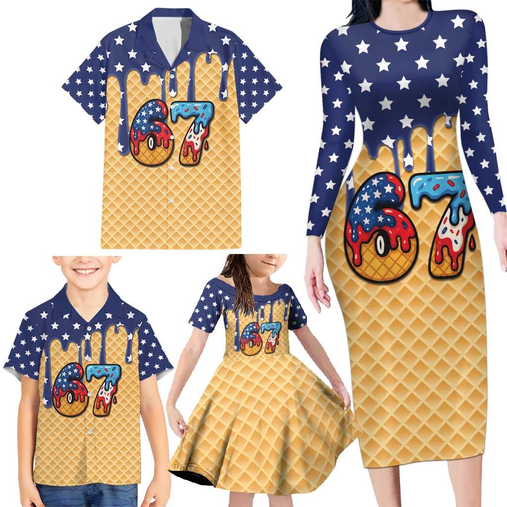 American Flag Ice Cream Drip Family Matching Long Sleeve Bodycon Dress and Hawaiian Shirt 67 Meme Gen Alpha Slang Tee - Wonder Print Shop