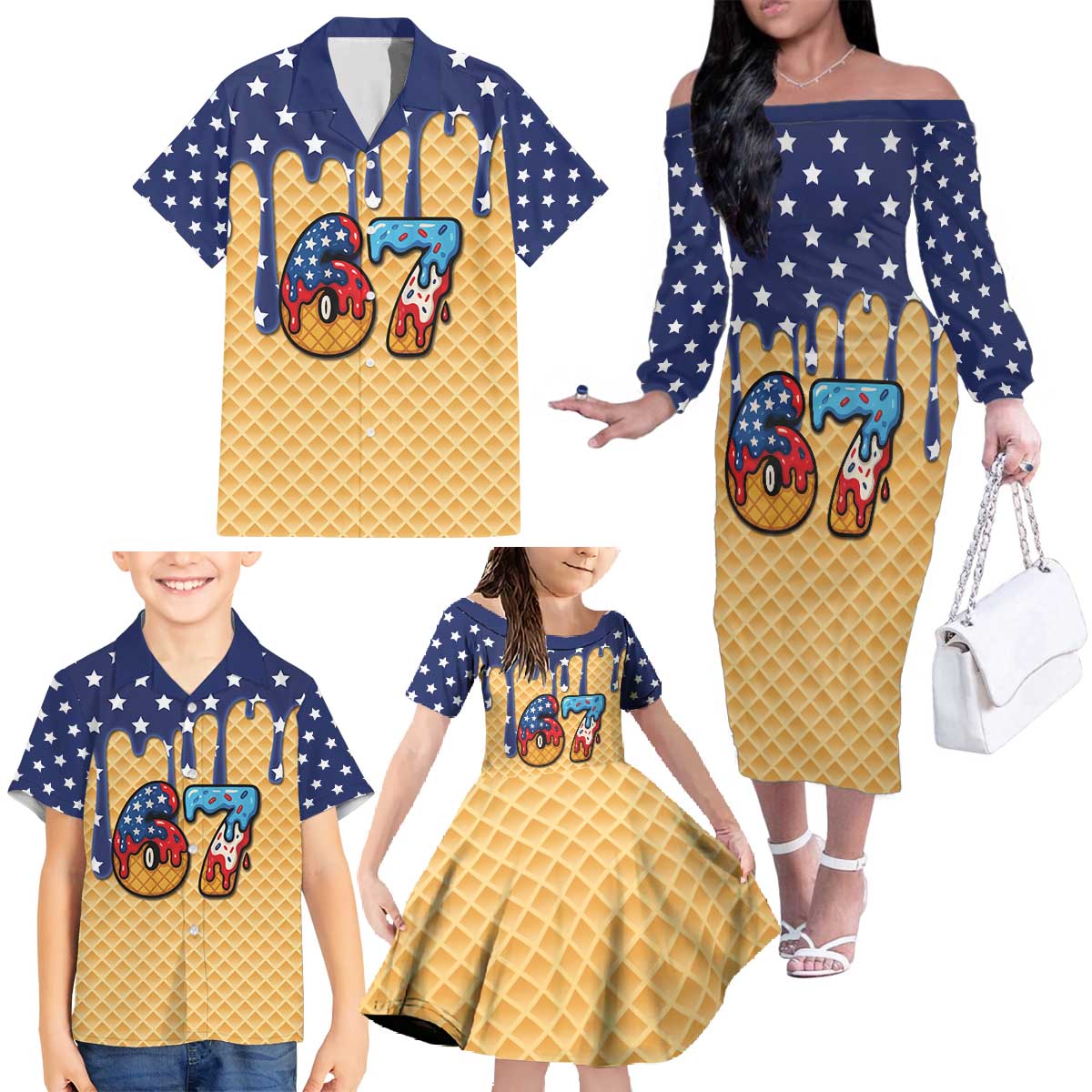 American Flag Ice Cream Drip Family Matching Off The Shoulder Long Sleeve Dress and Hawaiian Shirt 67 Meme Gen Alpha Slang Tee - Wonder Print Shop