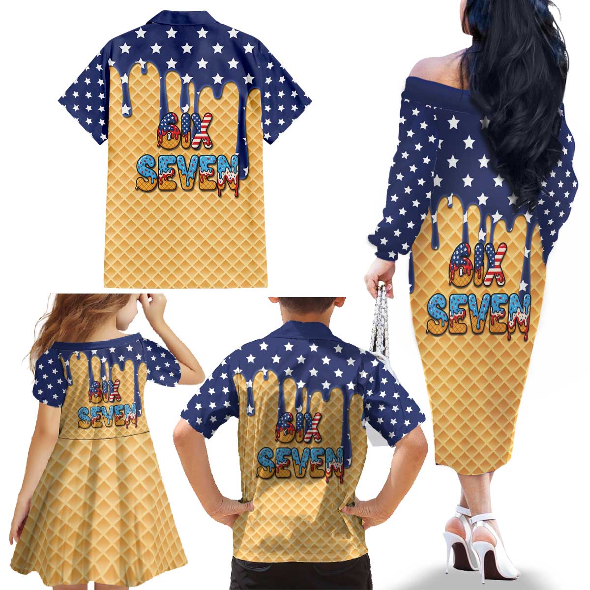 American Flag Ice Cream Drip Family Matching Off The Shoulder Long Sleeve Dress and Hawaiian Shirt 67 Meme Gen Alpha Slang Tee - Wonder Print Shop